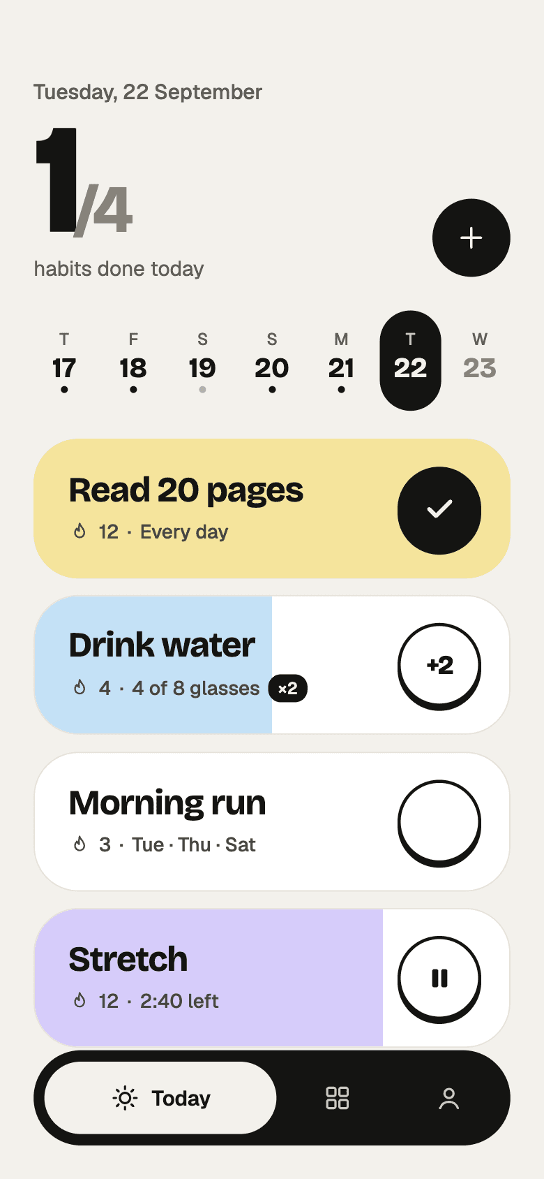 Today screen with a finished habit